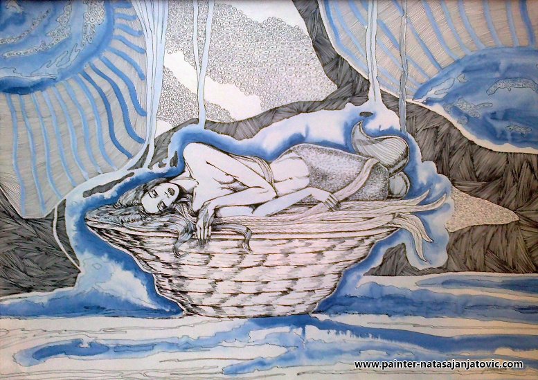 USPAVANA NIMFA/THE SLEEPING NYMPH, akvarel i tuš/watercolour and ink, 50x70 cm  