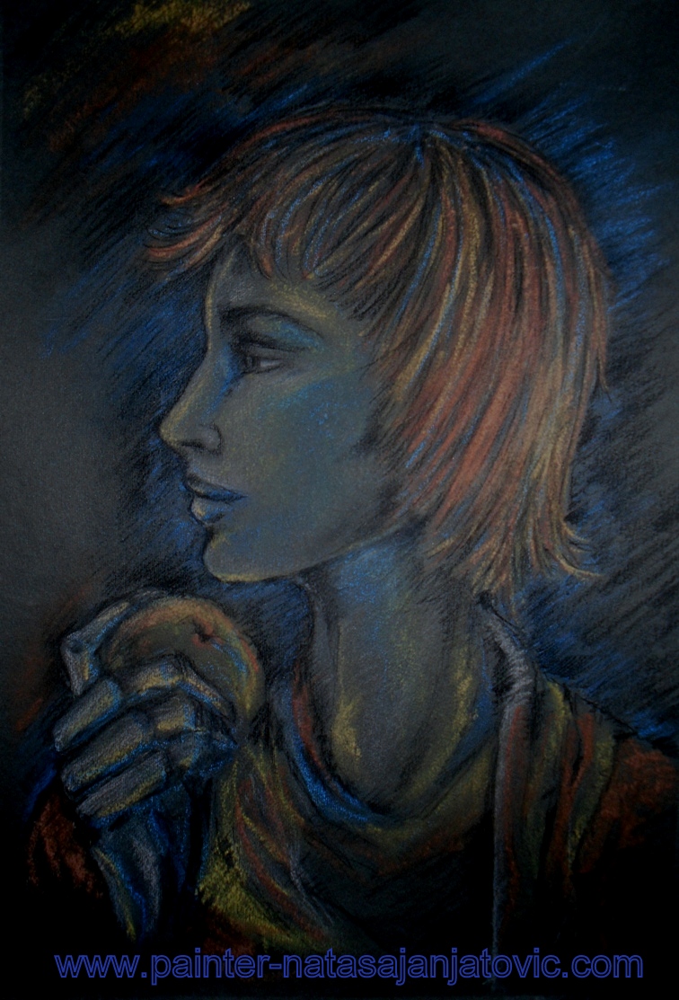 DEVOJKA SA JABUKOM/A GIRL WITH AN APPLE, suvi pastel na crnom papiru/dry pastel on black paper, 34x50 cm